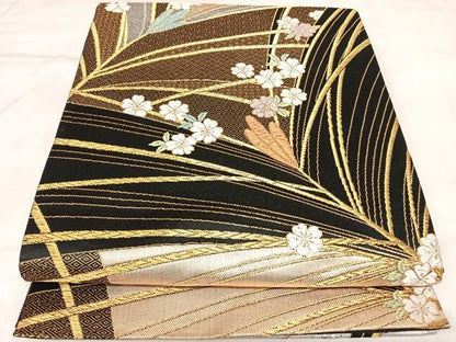 平和屋着物◎六通柄袋帯　唐織　草花文　二重奏　黒地　金銀糸　正絹　逸品　AABL5803yx