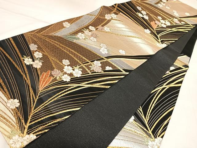 平和屋着物◎六通柄袋帯　唐織　草花文　二重奏　黒地　金銀糸　正絹　逸品　AABL5803yx