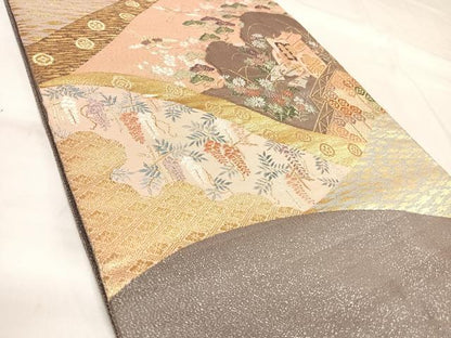 平和屋着物◎綴れ　太鼓柄袋帯　唐織　御所車飛鶴花文　金銀糸　正絹　逸品　AABL5805yx