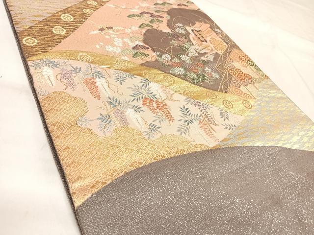平和屋着物◎綴れ　太鼓柄袋帯　唐織　御所車飛鶴花文　金銀糸　正絹　逸品　AABL5805yx