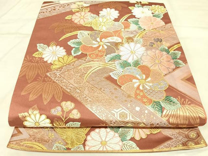 平和屋着物◎六通柄袋帯　唐織　舞花文　金糸　正絹　逸品　AABL5811yx