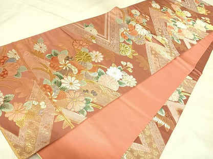 平和屋着物◎六通柄袋帯　唐織　舞花文　金糸　正絹　逸品　AABL5811yx
