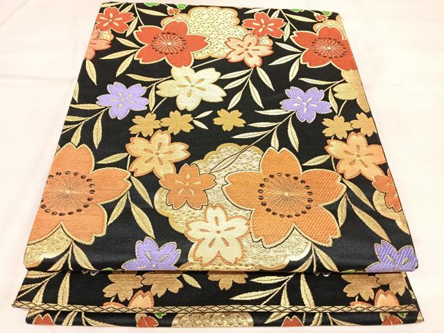 平和屋着物◎全通柄袋帯　枝花文　黒地　金糸　正絹　逸品　AABL5812yx