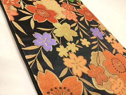 平和屋着物◎全通柄袋帯　枝花文　黒地　金糸　正絹　逸品　AABL5812yx