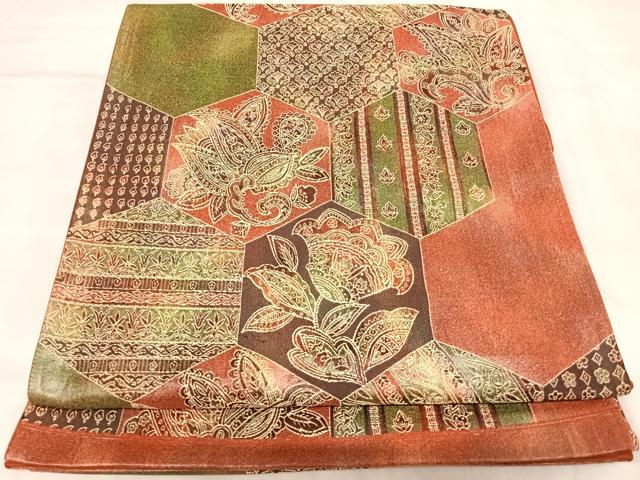平和屋着物◎六通柄袋帯　亀甲花文　正絹　逸品　AABL5813yx