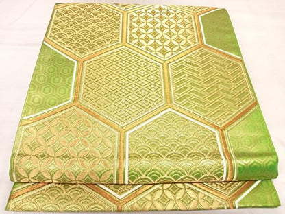 平和屋着物◎六通柄袋帯　唐織　亀甲文様　金糸　正絹　逸品　AABL5817yx