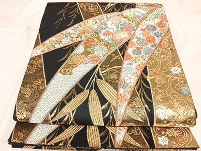 平和屋着物◎全通柄袋帯　唐織　笹竹花鳥文　黒地　金銀糸　正絹　逸品　AABL5820yx