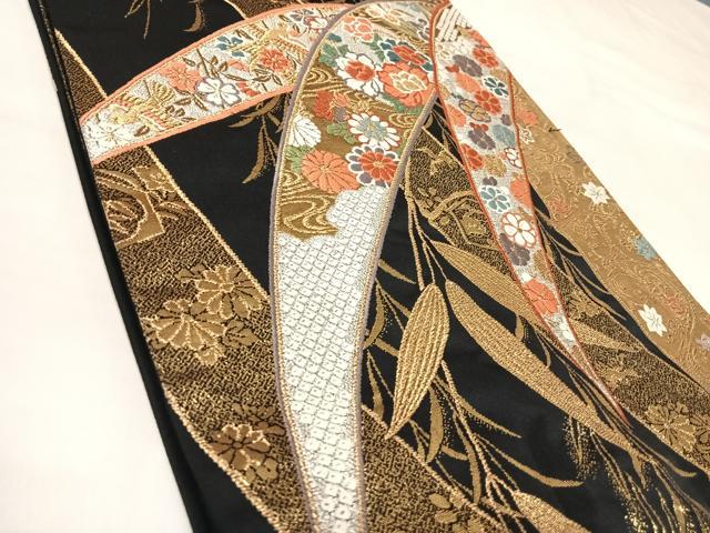 平和屋着物◎全通柄袋帯　唐織　笹竹花鳥文　黒地　金銀糸　正絹　逸品　AABL5820yx