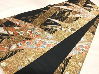 平和屋着物◎全通柄袋帯　唐織　笹竹花鳥文　黒地　金銀糸　正絹　逸品　AABL5820yx