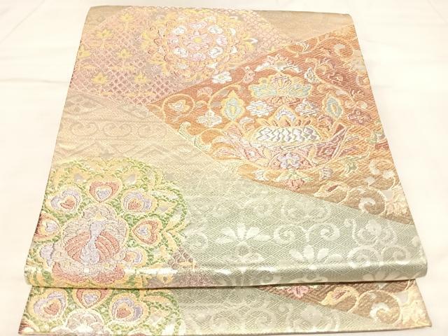 平和屋着物◎六通柄袋帯　裂取孔雀花文　金銀糸　正絹　逸品　AABL5824yx