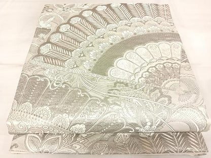 平和屋着物◎六通柄袋帯　唐織　扇子孔雀羽花文　銀糸　正絹　逸品　AABL5825yx