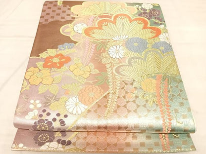 平和屋着物◎六通柄袋帯　唐織　枝花松　藤の花　金銀糸　正絹　逸品　AABL5828yx