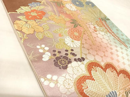 平和屋着物◎六通柄袋帯　唐織　枝花松　藤の花　金銀糸　正絹　逸品　AABL5828yx