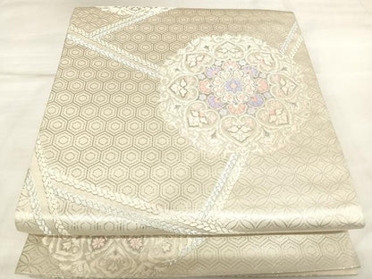 平和屋着物◎六通柄袋帯　唐織　正倉院花文　銀糸　正絹　逸品　AABL5831yx