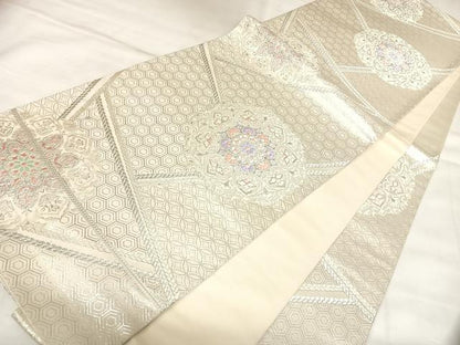 平和屋着物◎六通柄袋帯　唐織　正倉院花文　銀糸　正絹　逸品　AABL5831yx