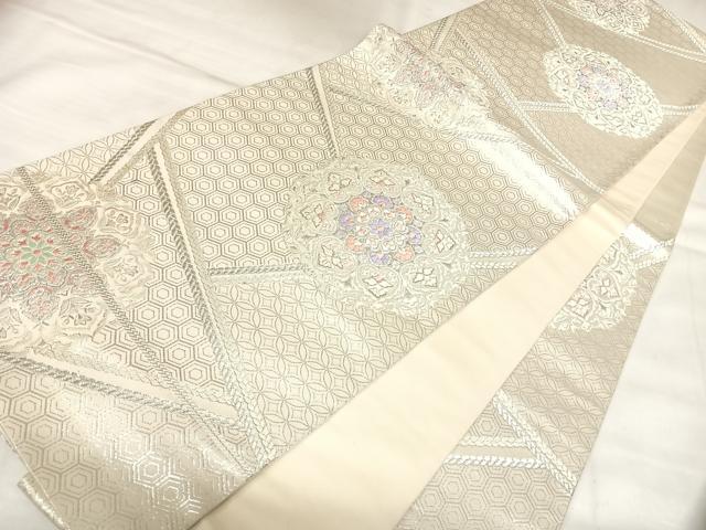 平和屋着物◎六通柄袋帯　唐織　正倉院花文　銀糸　正絹　逸品　AABL5831yx