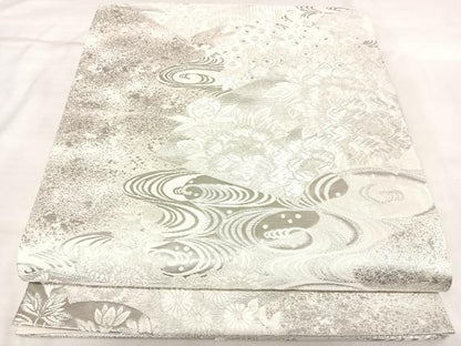 平和屋着物◎六通柄袋帯　唐織　地紙草花文　銀糸　正絹　逸品　AABL5833yx
