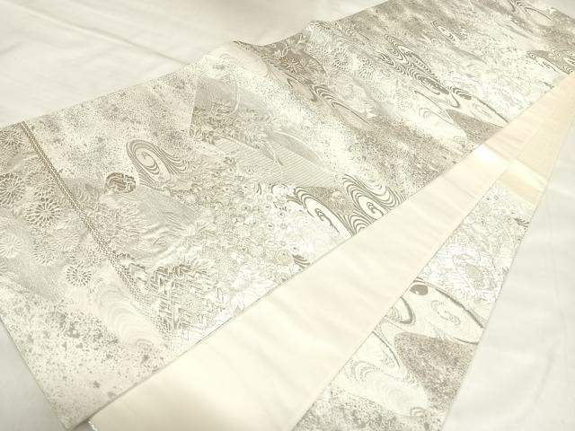 平和屋着物◎六通柄袋帯　唐織　地紙草花文　銀糸　正絹　逸品　AABL5833yx