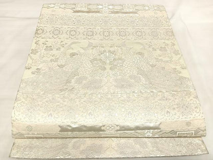 平和屋着物◎六通柄袋帯　横段孔雀花文　銀糸　正絹　逸品　AABL5834yx