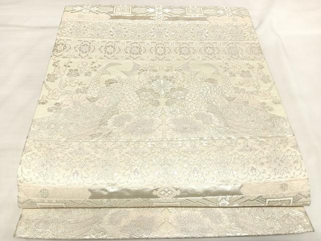 平和屋着物◎六通柄袋帯　横段孔雀花文　銀糸　正絹　逸品　AABL5834yx