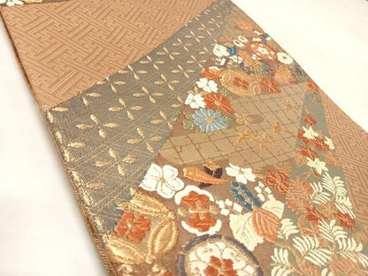 平和屋着物◎六通柄袋帯　唐織　花鳥宝尽くし　金糸　正絹　逸品　AABL5837yx
