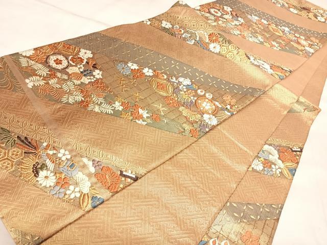 平和屋着物◎六通柄袋帯　唐織　花鳥宝尽くし　金糸　正絹　逸品　AABL5837yx