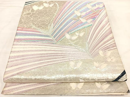 平和屋着物◎六通柄袋帯　唐織　舞蝶文　銀糸　正絹　逸品　AABL5841yx