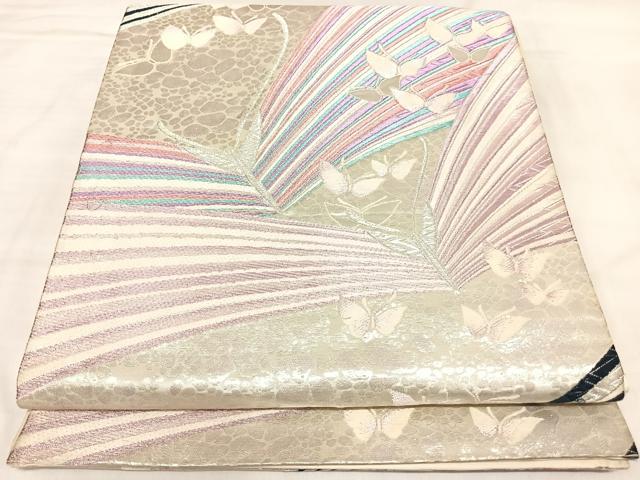 平和屋着物◎六通柄袋帯　唐織　舞蝶文　銀糸　正絹　逸品　AABL5841yx