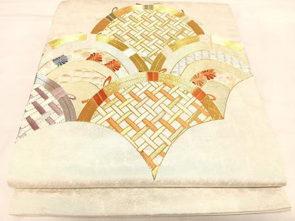 平和屋着物◎太鼓柄袋帯　唐織　駒刺繍　七宝籬文　金銀糸　正絹　逸品　AABL5843yx