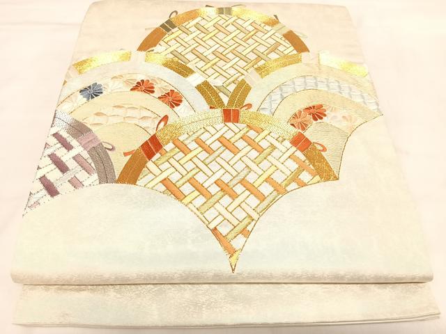 平和屋着物◎太鼓柄袋帯　唐織　駒刺繍　七宝籬文　金銀糸　正絹　逸品　AABL5843yx