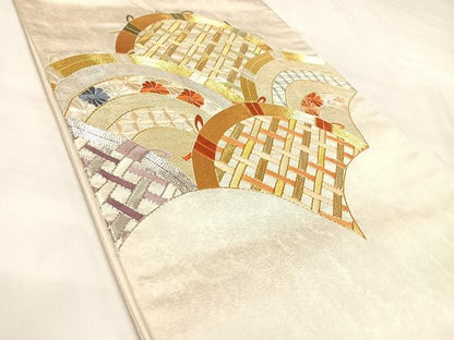 平和屋着物◎太鼓柄袋帯　唐織　駒刺繍　七宝籬文　金銀糸　正絹　逸品　AABL5843yx