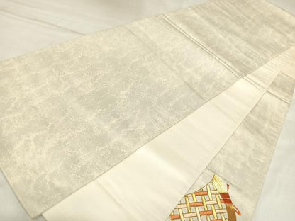 平和屋着物◎太鼓柄袋帯　唐織　駒刺繍　七宝籬文　金銀糸　正絹　逸品　AABL5843yx