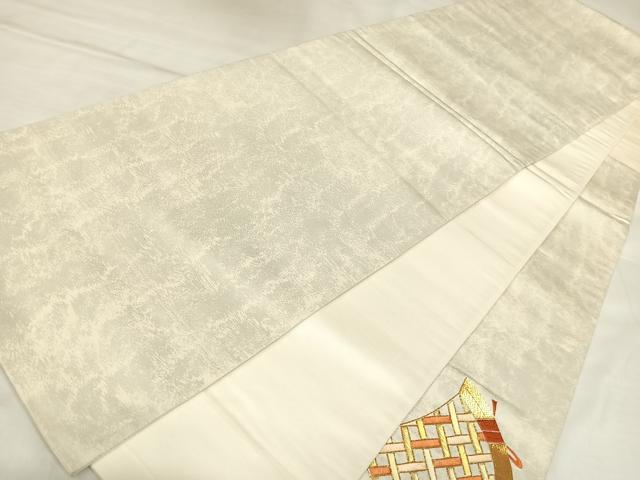平和屋着物◎太鼓柄袋帯　唐織　駒刺繍　七宝籬文　金銀糸　正絹　逸品　AABL5843yx