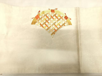平和屋着物◎太鼓柄袋帯　唐織　駒刺繍　七宝籬文　金銀糸　正絹　逸品　AABL5843yx