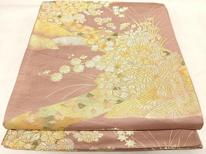 平和屋着物◎六通柄袋帯　流水草花文　金銀糸　正絹　逸品　AABL5844yx