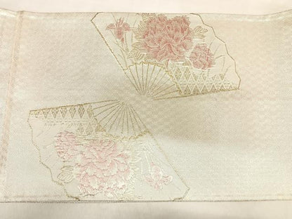 平和屋着物◎佐賀錦　太鼓柄袋帯　扇面草花文　金銀糸　正絹　逸品　AABL5846yx