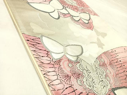 平和屋着物◎六通柄袋帯　唐織　舞蝶文　銀糸　正絹　逸品　AABL5848yx
