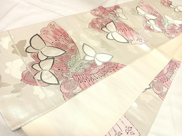 平和屋着物◎六通柄袋帯　唐織　舞蝶文　銀糸　正絹　逸品　AABL5848yx
