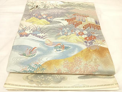 平和屋着物◎六通柄袋帯　唐織　鴛鴦梅風景文　金銀糸　正絹　逸品　AABL5850yx