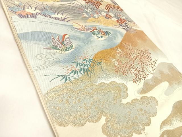 平和屋着物◎六通柄袋帯　唐織　鴛鴦梅風景文　金銀糸　正絹　逸品　AABL5850yx