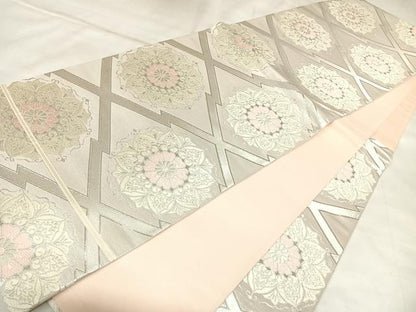 平和屋着物◎六通柄袋帯　唐織　松皮菱正倉院花文　銀糸　正絹　逸品　AABL5851yx