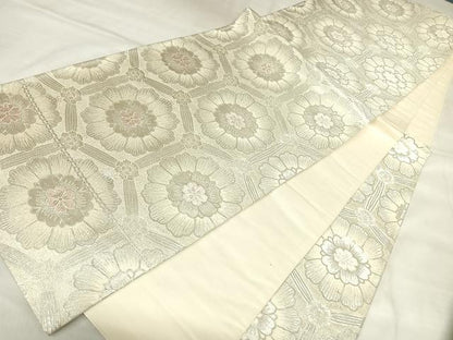 平和屋着物◎六通柄袋帯　唐織　亀甲花文　銀糸　正絹　逸品　AABL5855yx
