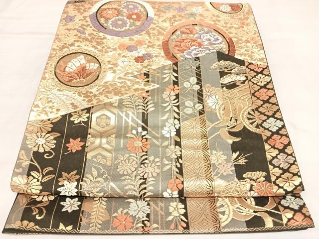平和屋着物◎六通柄袋帯　唐織　御所車花蝶鶴丸文　金糸　正絹　逸品　AABL5856yx