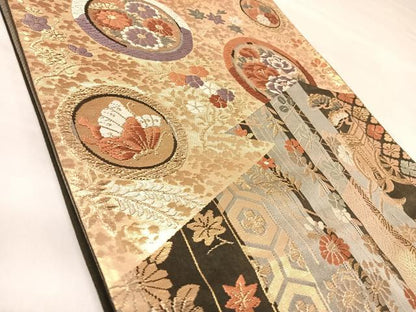 平和屋着物◎六通柄袋帯　唐織　御所車花蝶鶴丸文　金糸　正絹　逸品　AABL5856yx