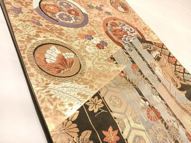 平和屋着物◎六通柄袋帯　唐織　御所車花蝶鶴丸文　金糸　正絹　逸品　AABL5856yx