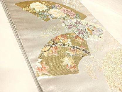 平和屋着物◎六通柄袋帯　唐織　粋花鳥扇面文　金銀糸　正絹　逸品　AABL5858yx