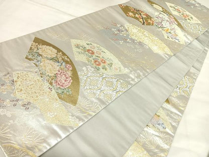 平和屋着物◎六通柄袋帯　唐織　粋花鳥扇面文　金銀糸　正絹　逸品　AABL5858yx