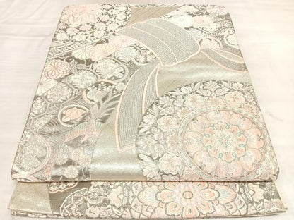 平和屋着物◎六通柄袋帯　唐織　西域熨斗目華文　プラチナ箔　銀糸　正絹　逸品　AABL5861yx