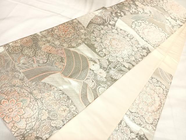 平和屋着物◎六通柄袋帯　唐織　西域熨斗目華文　プラチナ箔　銀糸　正絹　逸品　AABL5861yx