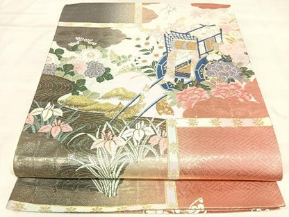 平和屋着物◎六通柄袋帯　唐織　御所車花文　金糸　正絹　逸品　AABL5862yx
